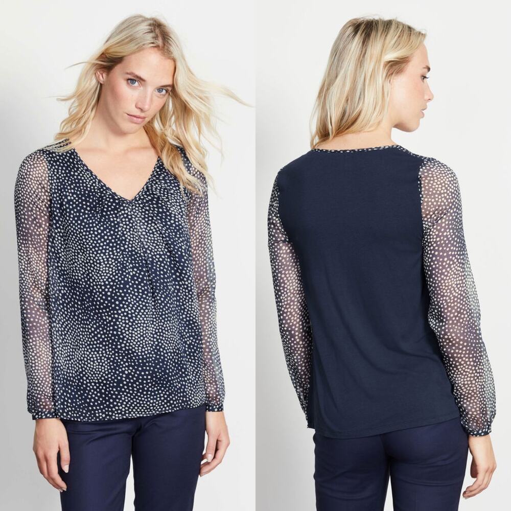 Boden Aubrey Navy Blue Blouse Polka dot Sheer Sleeves v-neck stretch chiffon 8